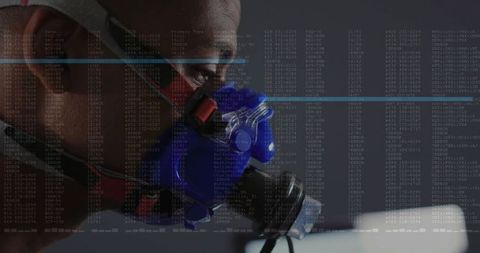 Adult Male Undergoing Respiratory Fitness Test Wearing Blue Mask with Digital Readouts
