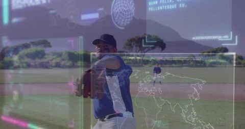Right-handed Pitcher Throwing from Mound with Futuristic HUD Overlay on Baseball Field