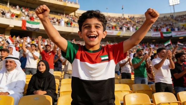 Joyful middle eastern boy cheering in stadium wearing uae flag jersey amid celebrating crowd