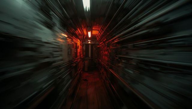 Red-lit industrial tunnel leading to locked door with pipes and wiring, moody underground