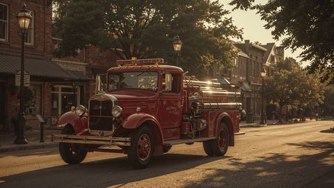 Vintage red fire truck on quaint street in warm sunlight