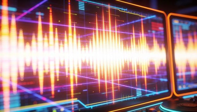 Displaying neon audio waveform across multi-monitor studio desk with glowing spectrum