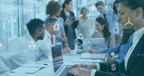 Business Team Collaboration with Innovative Virtual Finance Interface