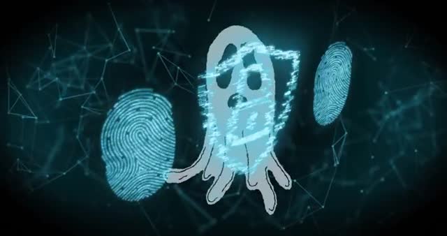 Biometric fingerprint, interconnected network and digital ghost symbolize cyber threats and privacy protection. Useful for topics like digital security, biometric technology, online privacy, and IT threats.