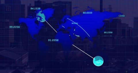 Global world map dashboard with telemetry routes, cyan data labels and user avatar