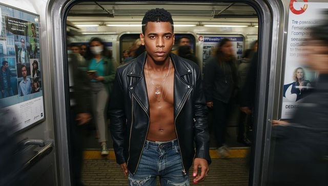 Edgy commuter standing in subway doorway wearing leather jacket, ripped jeans, layered necklaces