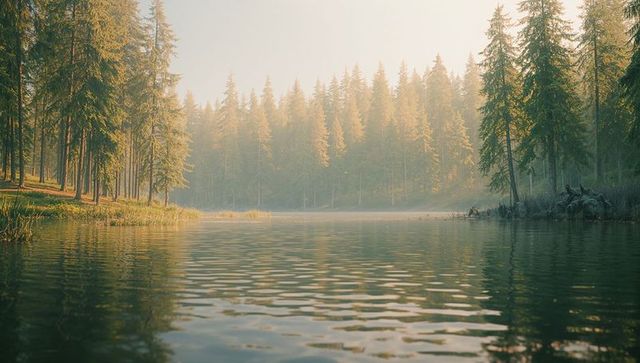 Tranquil Pine Forest Reflections on Misty Mountain Lake