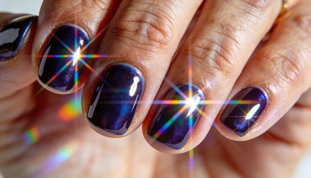 Shimmering iridescent purple holographic nail art with prismatic light flares ultra macro