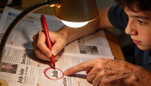 Grandparent Guiding Teen Through Newspaper Job Search Under Warm Desk Lamp, Red Pen Circling
