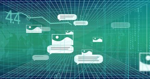 Floating chat bubbles with thumbnail icons glowing over wireframe grid in teal data space