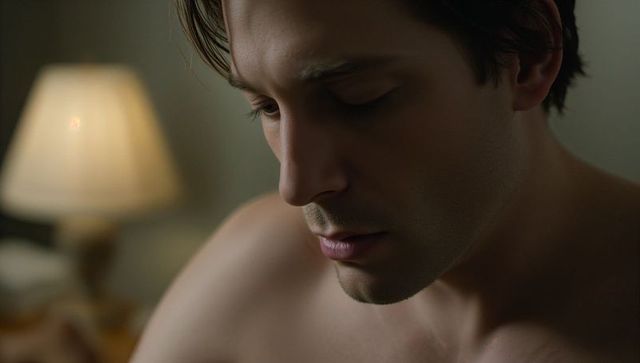Pensive shirtless light-skinned man gazing downward moody warm bedroom closeup portrait