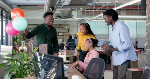 Diverse Colleagues Celebrating Birthday in Open Modern Office