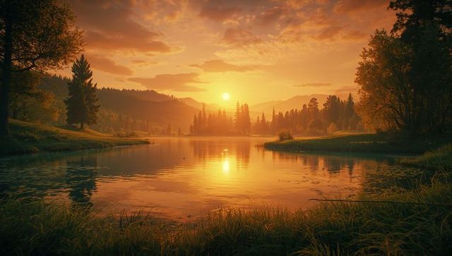 Serene Sunrise Over Tranquil Lake in Forest Landscape