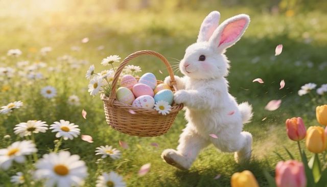 Hopping white rabbit carrying pastel easter basket through sunlit daisy meadow
