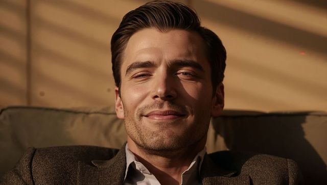Smiling man reclining on sofa in warm sunlight with venetian blind shadows blazer portrait