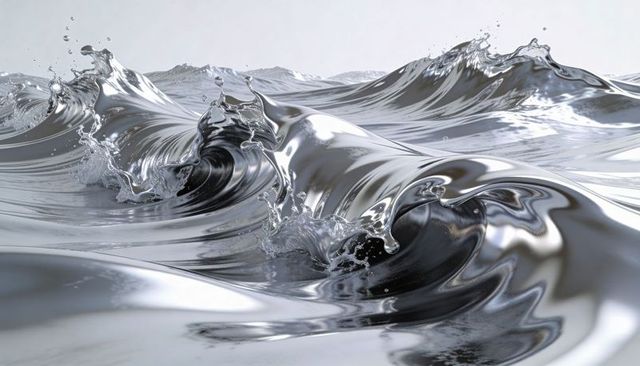 Shimmering chrome wave curling and splashing over mirror-like liquid surface
