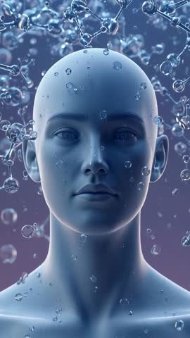 Vertical 3D Head with Molecules Drifting, Droplets Forming and Camera Zooming