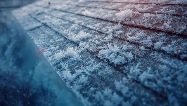 Frost Crystals Covering Wooden Roof Shingles in Winter Scene