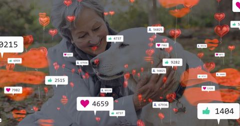 Senior Woman Hugging Dog Social Media Concept