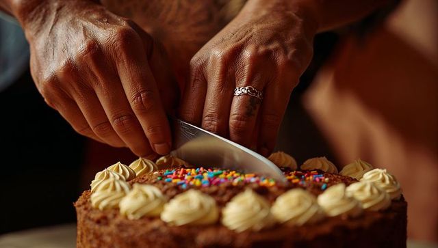 Hands slicing frosted layer cake with buttercream rosettes and rainbow sprinkles