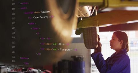 Female Mechanic Working Under Car with Cybersecurity Overlay