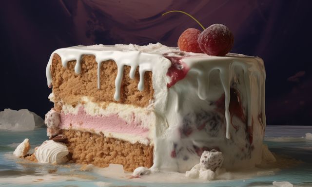 Sliced ice cream cake with icing and raspberries on top, created using generative ai technology. Cake, celebration, treat, sweet food and deserts concept digitally generated image.