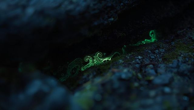 Bioluminescent Green Swirls Radiate from Rocky Crevice