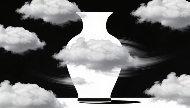 Monochrome vase silhouette floating through clouds surreal minimal high-contrast concept