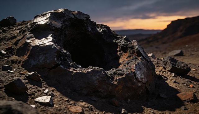 Sunlit hollow in weathered boulder on arid badlands golden hour — dramatic landscape