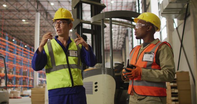 Two workers in a large warehouse discussing logistics and operations. Both are wearing safety helmets, vests, and glasses, indicating a focus on safety. One is holding a walkie-talkie, pointing something out, likely giving instructions or coordinating tasks. There is a forklift in the background, showcasing an active working environment. Useful for illustrating topics related to logistics, warehouse operations, teamwork, safety regulations, and industrial environments.