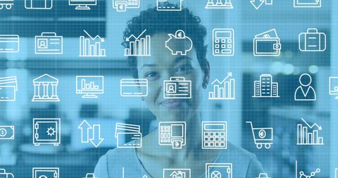 Smiling Businesswoman Surrounded by Digital Finance Icons