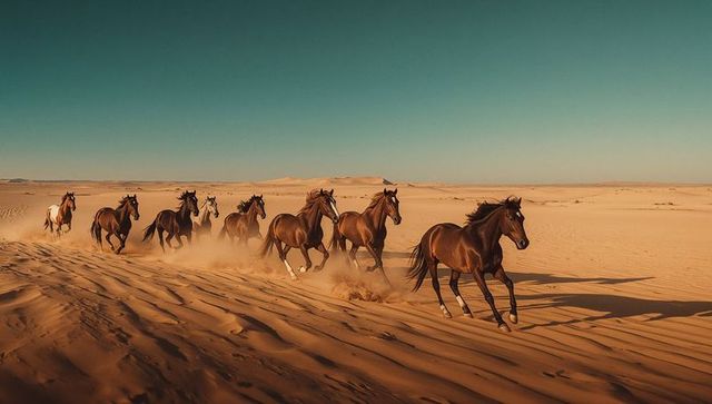 Majestic Horse Herd Galloping Across Sunlit Desert Dunes