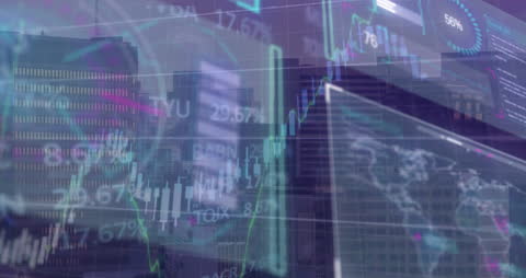 Global Financial Data Overlaying Cityscape at Night