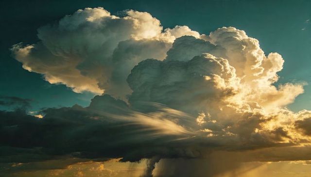 Towering Cumulonimbus Storm Cloud with Sunlit Anvil, Dark Rain Shaft and Wispy Virga