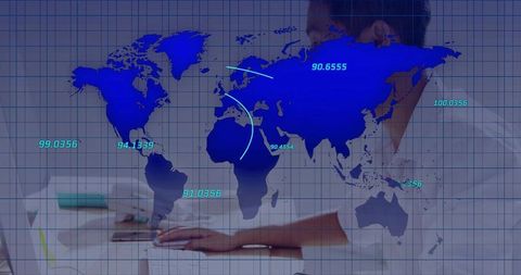 Business Analyst Typing on Laptop with Blue Map Overlay Showing Data Streams and Metrics