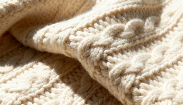 Cream cable knit wool sweater macro texture featuring braided stitches and warm light