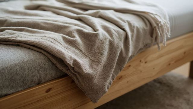 Minimal wooden platform bed featuring textured gray fitted sheet and beige woven throw