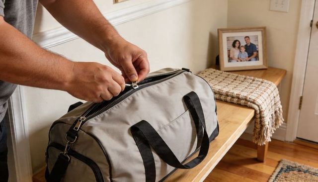 Man unzipping duffel bag on foyer bench packing for trip with family portrait
