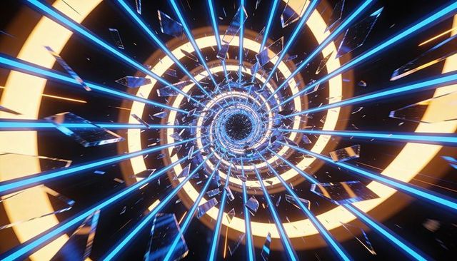 Neon vortex tunnel spiraling through shattered glass with amber rings and blue beams