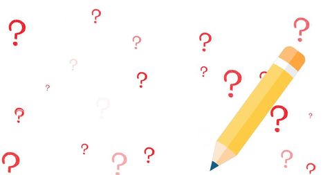 Pencil and question marks symbolizing learning and curiosity