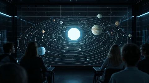 Students engaged in holographic solar system presentation