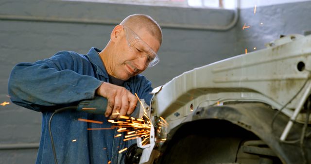 Mechanic grinding metal at auto repair shop, wearing safety goggles and blue overalls, focus on him. Suitable for illustrating themes of manual labor, automotive repair, skilled trades, or safety procedures in industrial work environments.