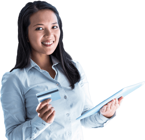 Transparent smiling businesswoman with laptop and credit card in hand