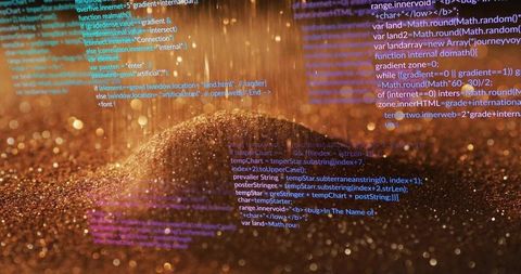 Glittering gold granules with floating code overlay creating tech luxury abstract visual