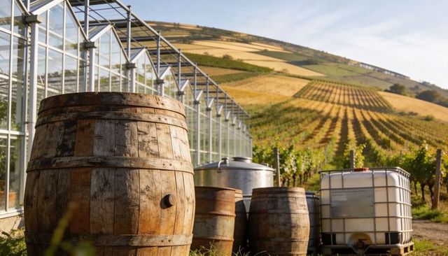 Weathered oak wine barrel in vineyard with greenhouse and fermentation tanks on rustic sunlit hillsi