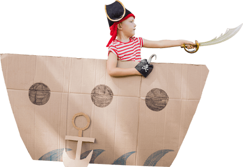 playful child in pirate costume with cardboard ship, transparent - Download Free Stock Videos Pikwizard.com
