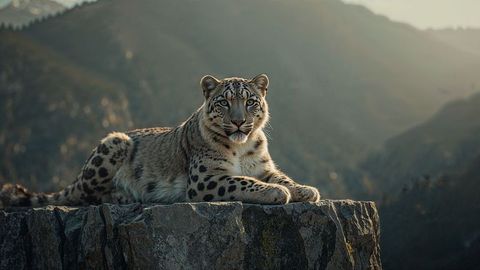 Snow Leopard Relaxing on Mountain Ledge in Golden Light