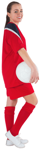 Youthful Female Soccer Player in Red Uniform Holding Ball Transparent Background