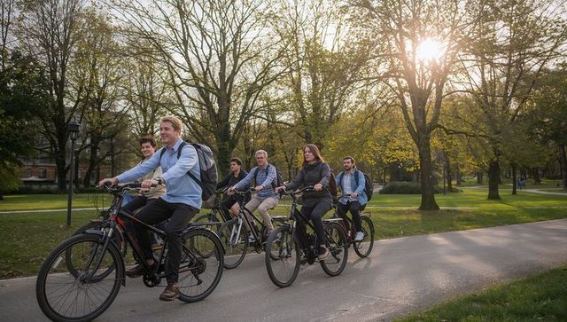 Group of Adults Enjoying Cycling on Park Campus Pathway