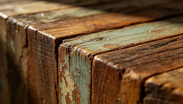 Close-up weathered wood planks with peeling turquoise paint, rustic crate texture